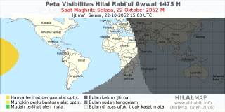 HilalMap: Peta Visibilitas Hilal Rabiul-Awwal 1475 H: rukyat tanggal 2052-10-22 M