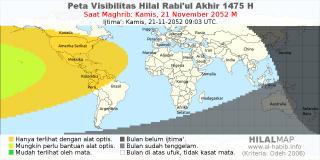 HilalMap: Peta Visibilitas Hilal Rabiul-Akhir 1475 H: rukyat tanggal 2052-11-21 M