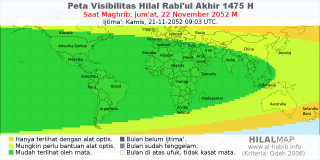 HilalMap: Peta Visibilitas Hilal Rabiul-Akhir 1475 H: rukyat tanggal 2052-11-22 M