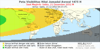 HilalMap: Peta Visibilitas Hilal Jumadal-Awwal 1475 H: rukyat tanggal 2052-12-21 M