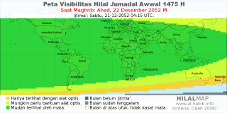 HilalMap: Peta Visibilitas Hilal Jumadal-Awwal 1475 H: rukyat tanggal 2052-12-22 M
