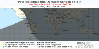 HilalMap: Peta Visibilitas Hilal Jumadal-Akhirah 1475 H: rukyat tanggal 2053-1-19 M