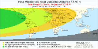 HilalMap: Peta Visibilitas Hilal Jumadal-Akhirah 1475 H: rukyat tanggal 2053-1-20 M