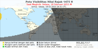 HilalMap: Peta Visibilitas Hilal Rajab 1475 H: rukyat tanggal 2053-2-18 M