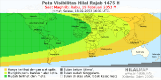 HilalMap: Peta Visibilitas Hilal Rajab 1475 H: rukyat tanggal 2053-2-19 M