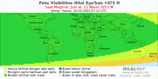 HilalMap: Peta Visibilitas Hilal Syaban 1475 H: rukyat tanggal 2053-3-21 M