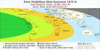 HilalMap: Peta Visibilitas Hilal Syawwal 1475 H: rukyat tanggal 2053-5-18 M