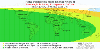HilalMap: Peta Visibilitas Hilal Shafar 1476 H: rukyat tanggal 2053-9-13 M