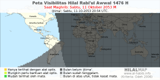 HilalMap: Peta Visibilitas Hilal Rabiul-Awwal 1476 H: rukyat tanggal 2053-10-11 M