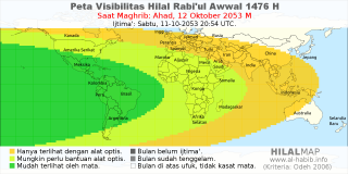 HilalMap: Peta Visibilitas Hilal Rabiul-Awwal 1476 H: rukyat tanggal 2053-10-12 M