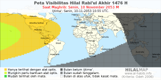 HilalMap: Peta Visibilitas Hilal Rabiul-Akhir 1476 H: rukyat tanggal 2053-11-10 M