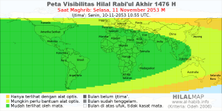 HilalMap: Peta Visibilitas Hilal Rabiul-Akhir 1476 H: rukyat tanggal 2053-11-11 M