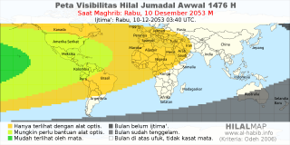 HilalMap: Peta Visibilitas Hilal Jumadal-Awwal 1476 H: rukyat tanggal 2053-12-10 M