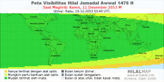 HilalMap: Peta Visibilitas Hilal Jumadal-Awwal 1476 H: rukyat tanggal 2053-12-11 M