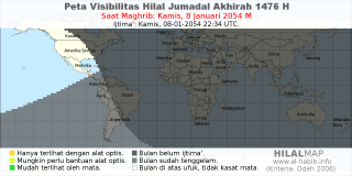 HilalMap: Peta Visibilitas Hilal Jumadal-Akhirah 1476 H: rukyat tanggal 2054-1-8 M