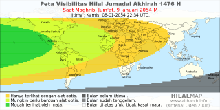 HilalMap: Peta Visibilitas Hilal Jumadal-Akhirah 1476 H: rukyat tanggal 2054-1-9 M