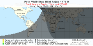 HilalMap: Peta Visibilitas Hilal Rajab 1476 H: rukyat tanggal 2054-2-7 M
