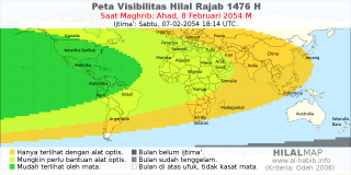 HilalMap: Peta Visibilitas Hilal Rajab 1476 H: rukyat tanggal 2054-2-8 M