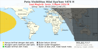 HilalMap: Peta Visibilitas Hilal Syaban 1476 H: rukyat tanggal 2054-3-9 M