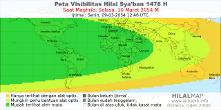HilalMap: Peta Visibilitas Hilal Syaban 1476 H: rukyat tanggal 2054-3-10 M