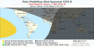 HilalMap: Peta Visibilitas Hilal Syawwal 1476 H: rukyat tanggal 2054-5-7 M