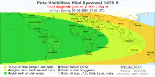 HilalMap: Peta Visibilitas Hilal Syawwal 1476 H: rukyat tanggal 2054-5-8 M