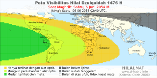 HilalMap: Peta Visibilitas Hilal Dzulqaidah 1476 H: rukyat tanggal 2054-6-6 M
