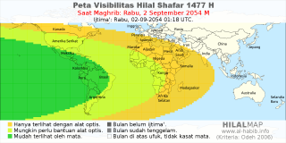 HilalMap: Peta Visibilitas Hilal Shafar 1477 H: rukyat tanggal 2054-9-2 M