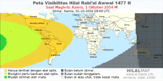 HilalMap: Peta Visibilitas Hilal Rabiul-Awwal 1477 H: rukyat tanggal 2054-10-1 M
