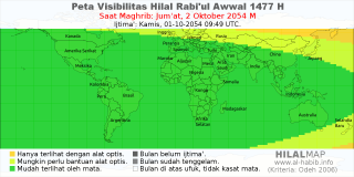 HilalMap: Peta Visibilitas Hilal Rabiul-Awwal 1477 H: rukyat tanggal 2054-10-2 M