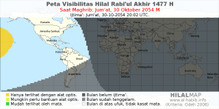 HilalMap: Peta Visibilitas Hilal Rabiul-Akhir 1477 H: rukyat tanggal 2054-10-30 M