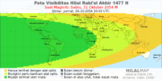 HilalMap: Peta Visibilitas Hilal Rabiul-Akhir 1477 H: rukyat tanggal 2054-10-31 M