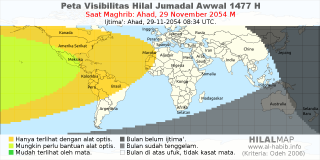 HilalMap: Peta Visibilitas Hilal Jumadal-Awwal 1477 H: rukyat tanggal 2054-11-29 M