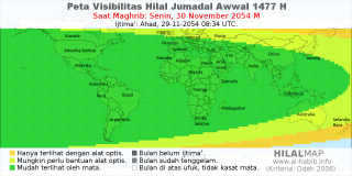 HilalMap: Peta Visibilitas Hilal Jumadal-Awwal 1477 H: rukyat tanggal 2054-11-30 M