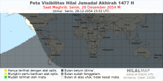 HilalMap: Peta Visibilitas Hilal Jumadal-Akhirah 1477 H: rukyat tanggal 2054-12-28 M