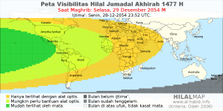 HilalMap: Peta Visibilitas Hilal Jumadal-Akhirah 1477 H: rukyat tanggal 2054-12-29 M