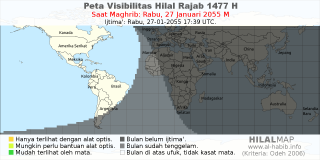 HilalMap: Peta Visibilitas Hilal Rajab 1477 H: rukyat tanggal 2055-1-27 M
