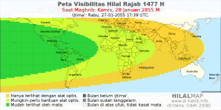HilalMap: Peta Visibilitas Hilal Rajab 1477 H: rukyat tanggal 2055-1-28 M