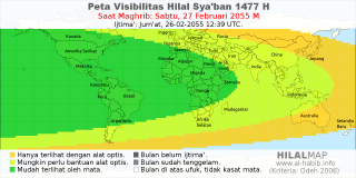 HilalMap: Peta Visibilitas Hilal Syaban 1477 H: rukyat tanggal 2055-2-27 M