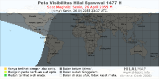 HilalMap: Peta Visibilitas Hilal Syawwal 1477 H: rukyat tanggal 2055-4-26 M