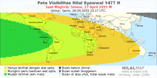 HilalMap: Peta Visibilitas Hilal Syawwal 1477 H: rukyat tanggal 2055-4-27 M