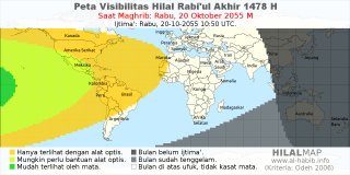 HilalMap: Peta Visibilitas Hilal Rabiul-Akhir 1478 H: rukyat tanggal 2055-10-20 M