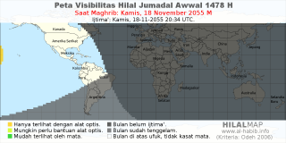 HilalMap: Peta Visibilitas Hilal Jumadal-Awwal 1478 H: rukyat tanggal 2055-11-18 M