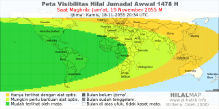 HilalMap: Peta Visibilitas Hilal Jumadal-Awwal 1478 H: rukyat tanggal 2055-11-19 M