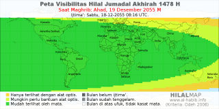 HilalMap: Peta Visibilitas Hilal Jumadal-Akhirah 1478 H: rukyat tanggal 2055-12-19 M