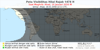 HilalMap: Peta Visibilitas Hilal Rajab 1478 H: rukyat tanggal 2056-1-16 M