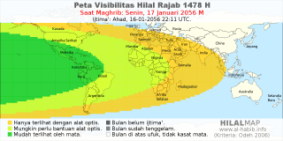 HilalMap: Peta Visibilitas Hilal Rajab 1478 H: rukyat tanggal 2056-1-17 M