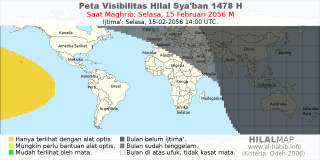 HilalMap: Peta Visibilitas Hilal Syaban 1478 H: rukyat tanggal 2056-2-15 M