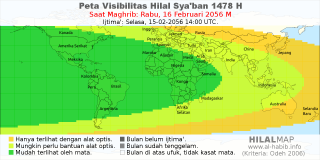 HilalMap: Peta Visibilitas Hilal Syaban 1478 H: rukyat tanggal 2056-2-16 M