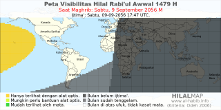 HilalMap: Peta Visibilitas Hilal Rabiul-Awwal 1479 H: rukyat tanggal 2056-9-9 M